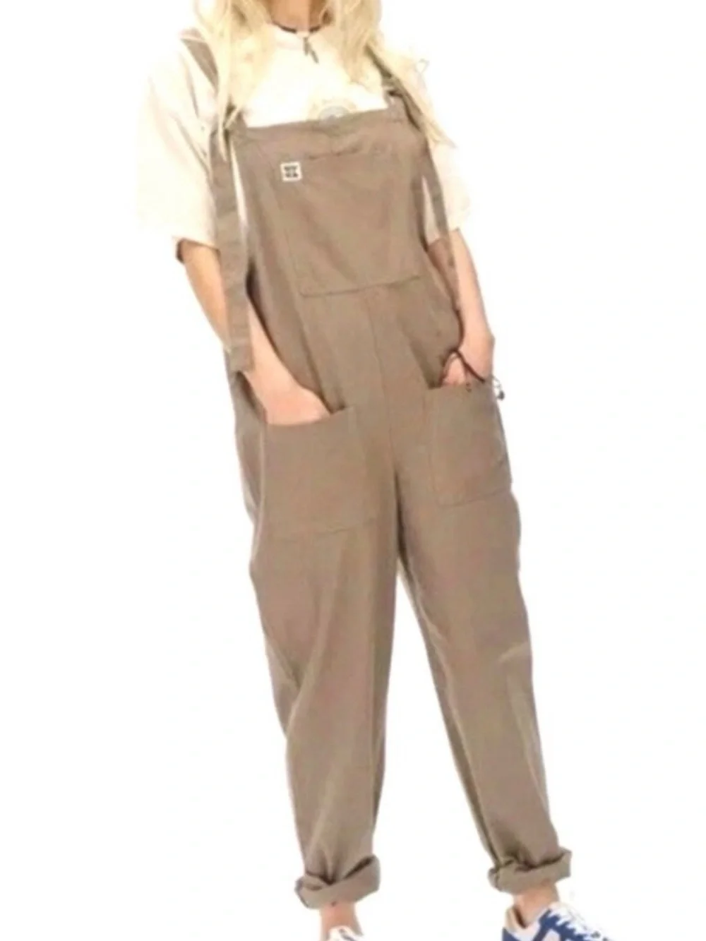 LUCY & YAK 6/8 Streetwear Utility Organic Cotton Jumpsuit Overalls Cappuccino